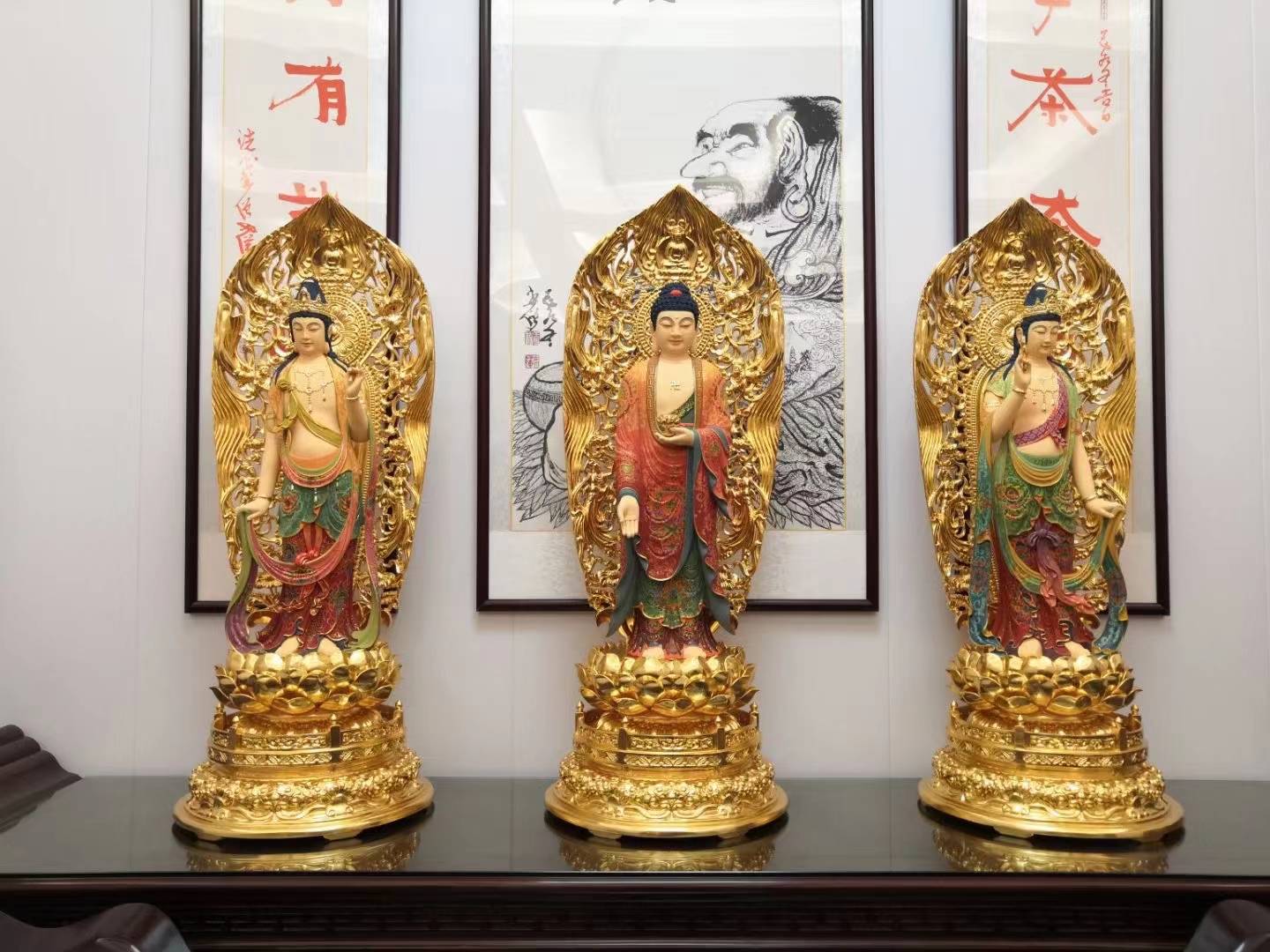 The Western Pure Land Trinity – Premium Buddhist Statue Set (Solid Camphor Wood · Individually Hand-Carved · Gilded & Painted)