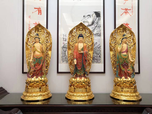 The Western Pure Land Trinity – Premium Buddhist Statue Set (Solid Camphor Wood · Individually Hand-Carved · Gilded & Painted)